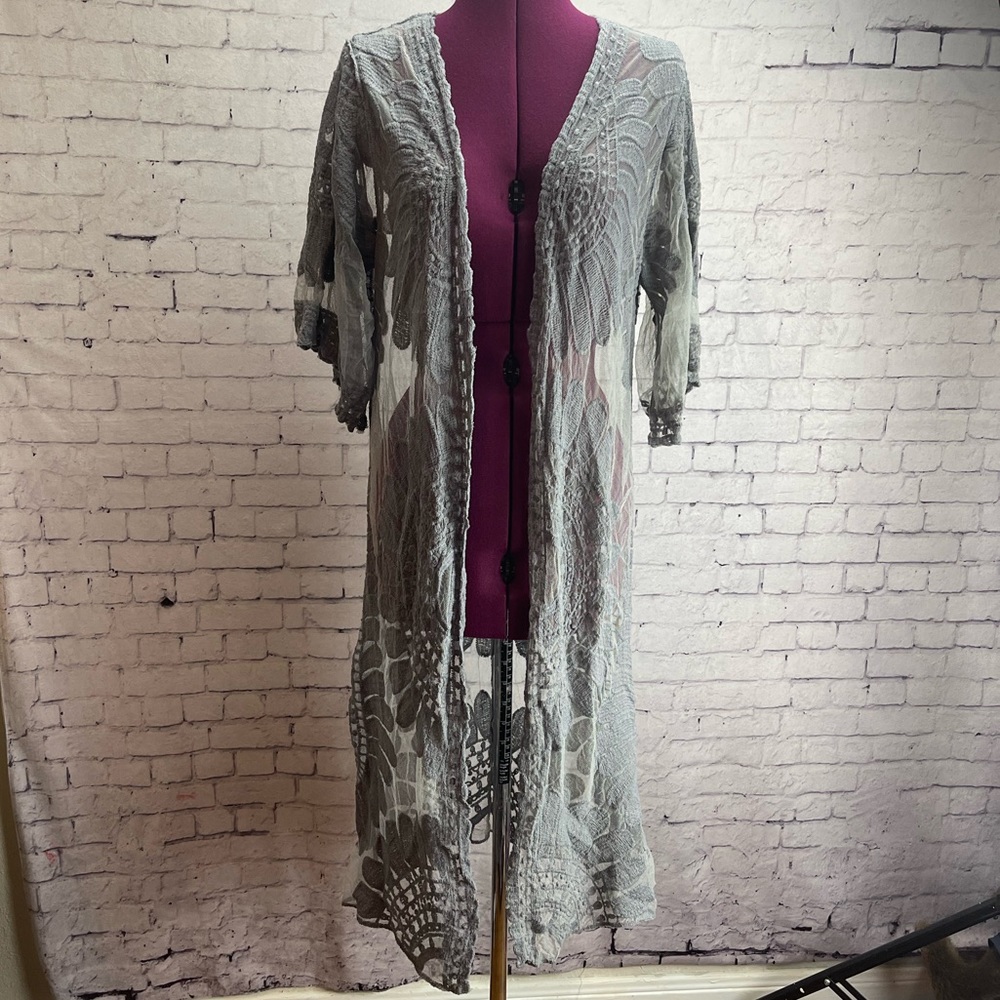 Rebellion again size large grey kimono duster embroidered soft mesh